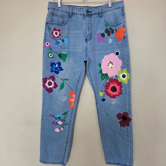 MISSLOOK Denim - Misslook XL Distressed Denim Floral Painted Artsy Hippie Boho Straight Leg Jeans